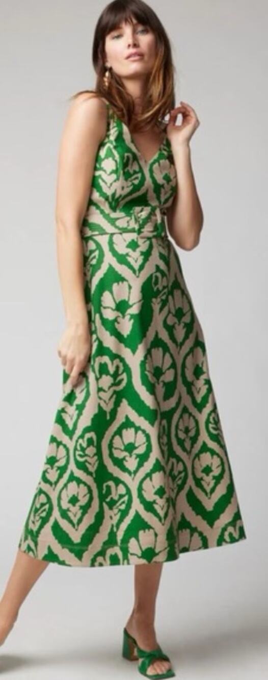 White House Black Market Linen Blend Belted Midi Dress green and Cream sz 8